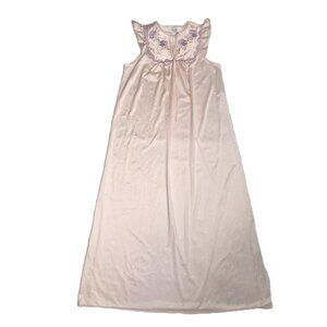 Vintage Sabrina By Mervyn's Long Pink Nylon Night Gown w/ Embroidered Flowers